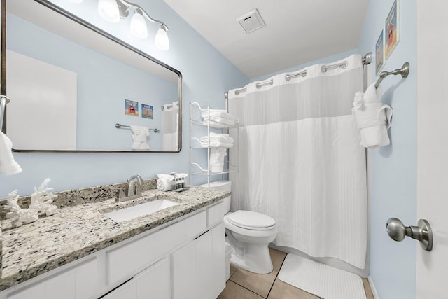 full bath with a shower with curtain, visible vents, toilet, vanity, and tile patterned flooring