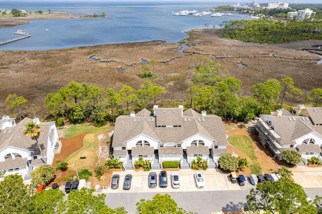bird's eye view with a water view