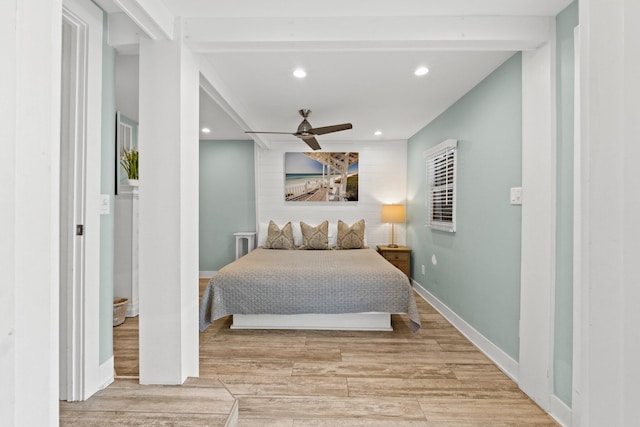 bedroom featuring recessed lighting, light wood finished floors, ceiling fan, and baseboards
