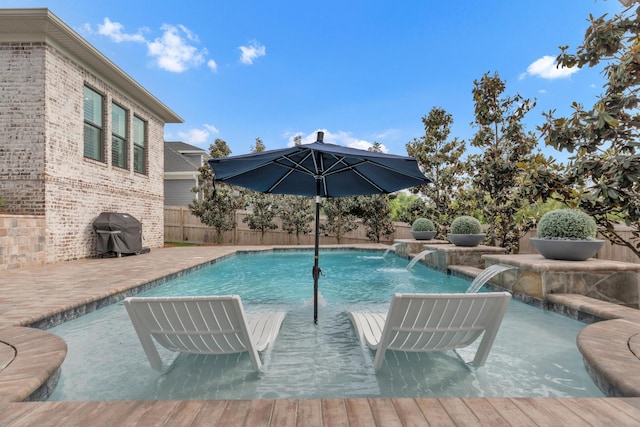 view of pool featuring a fenced in pool, a fenced backyard, area for grilling, and a patio area