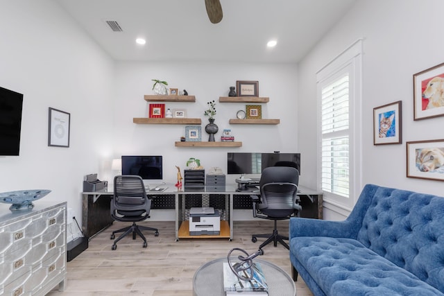 office area with recessed lighting, visible vents, a wealth of natural light, and wood finished floors