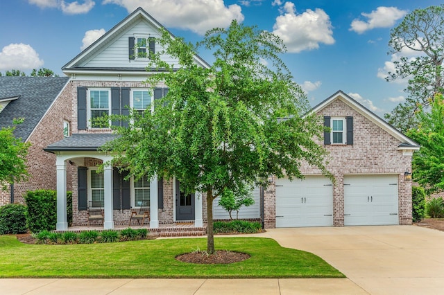 view of front of property with a garage, a front yard, brick siding, a porch, and driveway