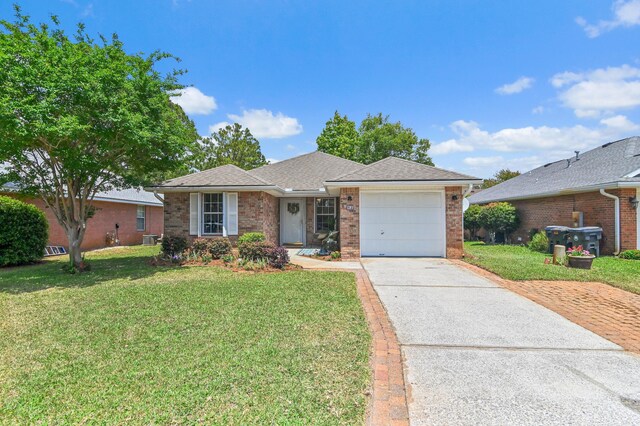 ranch-style house featuring driveway, roof with shingles, a garage, brick siding, and a front lawn