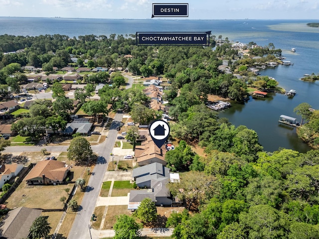 aerial view with a water view and a residential view