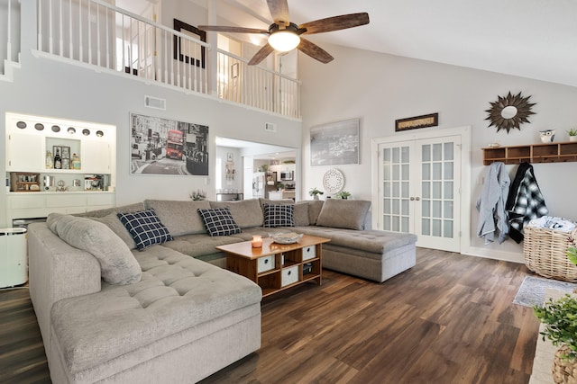 living room with french doors, wood finished floors, high vaulted ceiling, visible vents, and ceiling fan