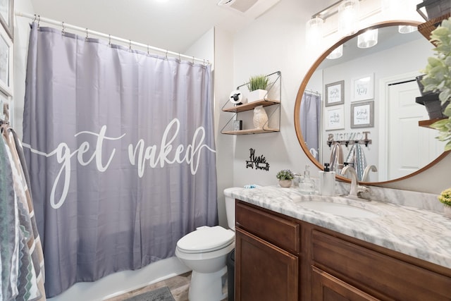 full bath with shower / tub combo with curtain, vanity, toilet, and visible vents