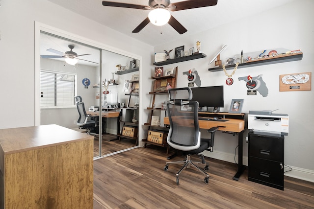 office with baseboards, a ceiling fan, and wood finished floors