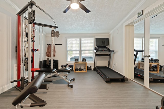 workout area with a ceiling fan, ornamental molding, a textured ceiling, and wood finished floors