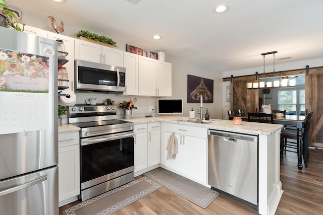 kitchen with a barn door, a sink, a peninsula, light countertops, and appliances with stainless steel finishes