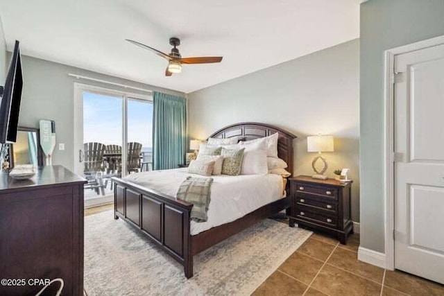 16701 Front Beach Rd Unit 2307, Panama City Beach, FL 32413 - bedroom with access to exterior, a ceiling fan, tile patterned floors, and baseboards