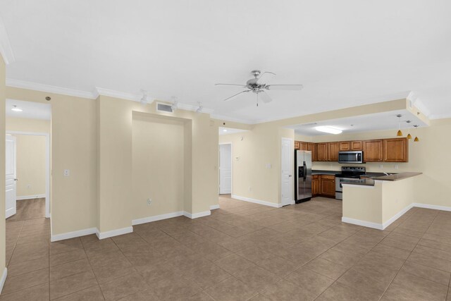 113 SE Brooks St Unit 201, Fort Walton Beach, FL 32548 - unfurnished living room with visible vents, ornamental molding, baseboards, ceiling fan, and light tile patterned floors