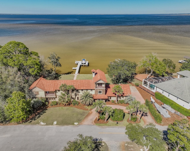 aerial view featuring a water view
