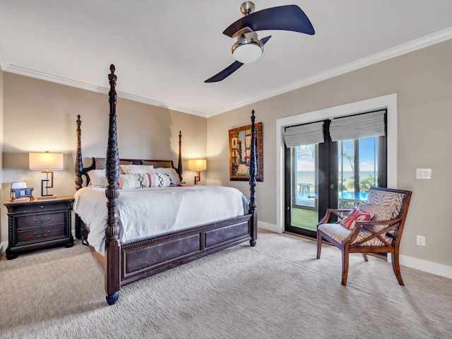carpeted bedroom with ornamental molding, ceiling fan, access to outside, and baseboards
