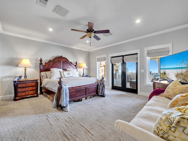 bedroom featuring visible vents, access to exterior, baseboards, carpet floors, and ornamental molding