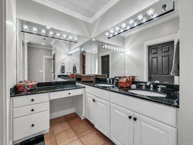 full bathroom featuring crown molding, double vanity, a sink, and tile patterned floors