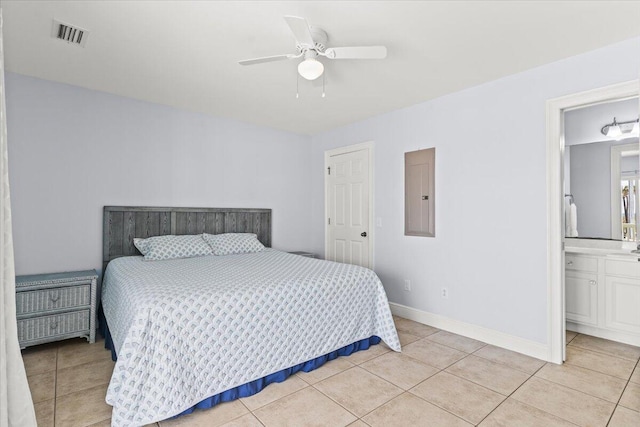 8054 Gulf Blvd, Navarre, FL 32566 - tiled bedroom featuring connected bathroom, a ceiling fan, baseboards, visible vents, and electric panel
