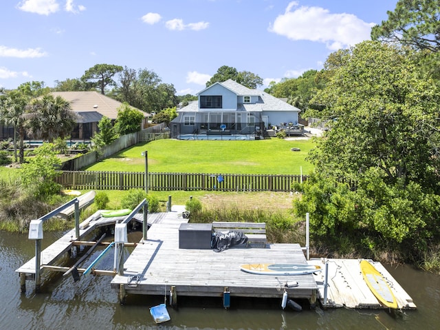 dock area featuring a water view, boat lift, a fenced backyard, and a yard
