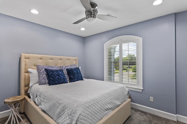 carpeted bedroom with baseboards, a ceiling fan, and recessed lighting