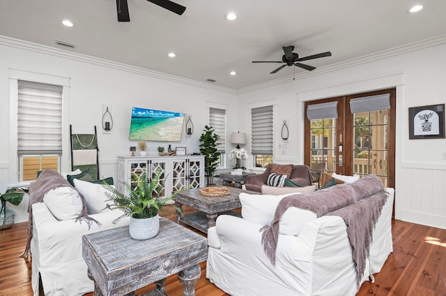 50 Cinnamon Fern Ln, Santa Rosa Beach, FL 32459 - living room featuring french doors, ornamental molding, visible vents, ceiling fan, and wood finished floors