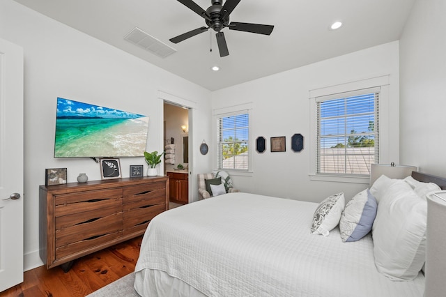 50 Cinnamon Fern Ln, Santa Rosa Beach, FL 32459 - bedroom with a ceiling fan, visible vents, dark wood-type flooring, ensuite bath, and recessed lighting