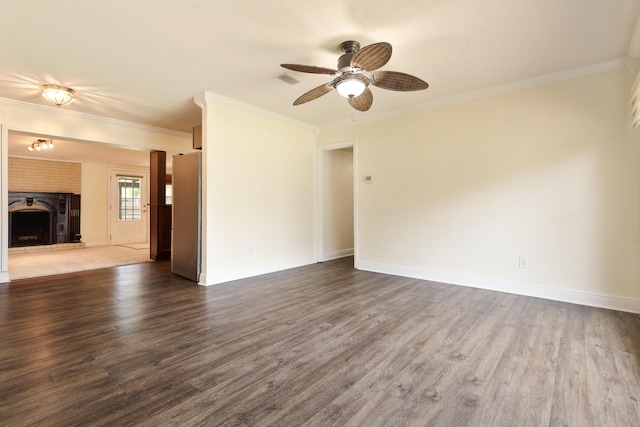 361 NE Gardner Dr, Fort Walton Beach, FL 32548 - unfurnished living room with ornamental molding, a ceiling fan, dark wood-style flooring, baseboards, and a textured ceiling