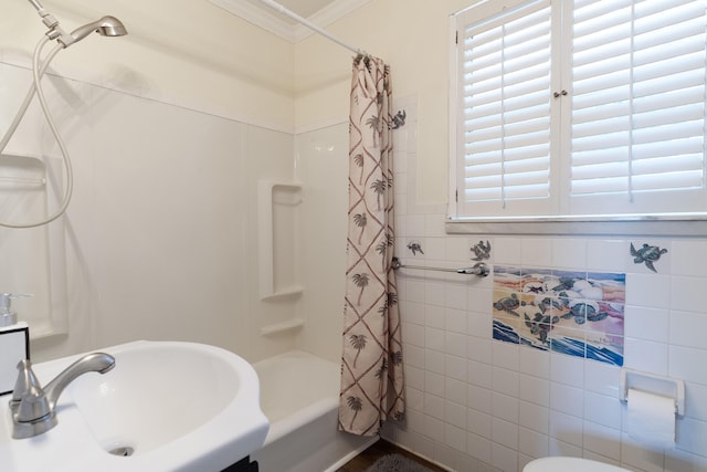 361 NE Gardner Dr, Fort Walton Beach, FL 32548 - bathroom featuring tile walls, crown molding, a sink, shower / bath combination with curtain, and toilet