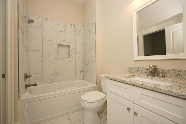 full bathroom featuring vanity, toilet,  shower combination, and marble finish floor
