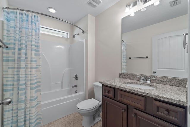 2690 Hartman Ct, Navarre, FL 32566 - full bathroom with vanity, toilet, shower / bathtub combination with curtain, and visible vents