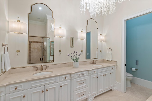 3002 Bay Villas Dr, Miramar Beach, FL 32550 - full bath with a shower stall, double vanity, toilet, crown molding, and baseboards