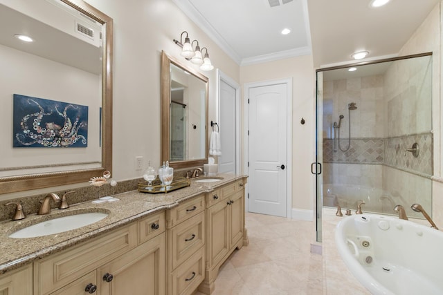 3002 Bay Villas Dr, Miramar Beach, FL 32550 - full bath featuring a stall shower, a tub with jets, crown molding, double vanity, and recessed lighting
