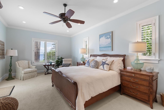 3002 Bay Villas Dr, Miramar Beach, FL 32550 - bedroom featuring multiple windows, light colored carpet, recessed lighting, crown molding, and a ceiling fan