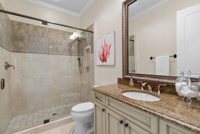 3002 Bay Villas Dr, Miramar Beach, FL 32550 - full bathroom with crown molding, toilet, a stall shower, and vanity