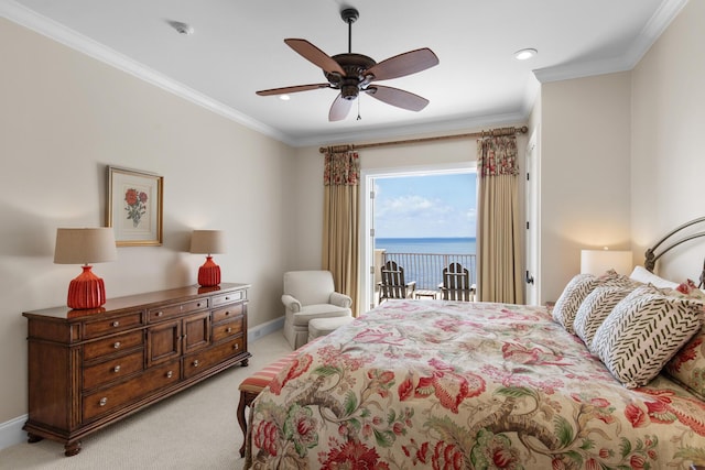 3002 Bay Villas Dr, Miramar Beach, FL 32550 - bedroom featuring light carpet, access to outside, baseboards, crown molding, and a water view
