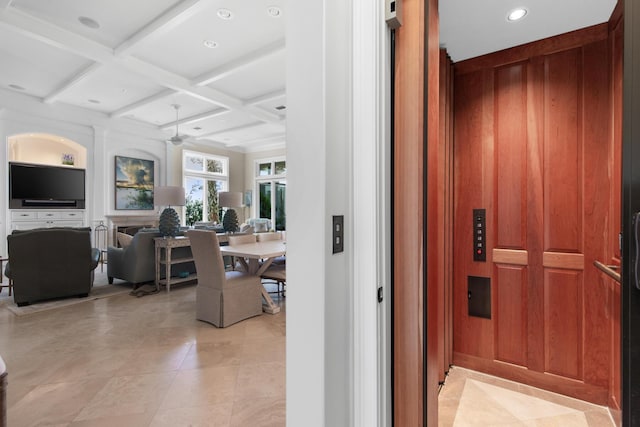 3002 Bay Villas Dr, Miramar Beach, FL 32550 - corridor with elevator, coffered ceiling, beam ceiling, light tile patterned flooring, and recessed lighting