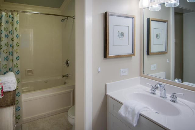 full bath featuring vanity, tile patterned floors, toilet, and shower / tub combo