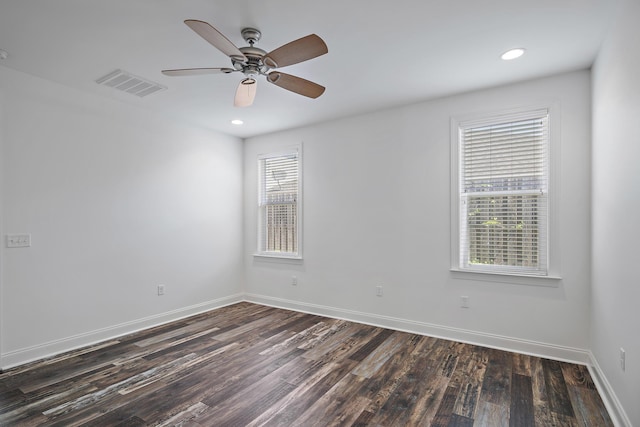 unfurnished room featuring visible vents, baseboards, ceiling fan, recessed lighting, and dark wood finished floors