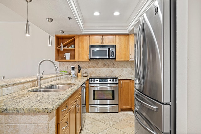 100 Gulf Shore Dr Unit 202, Destin, FL 32541 - kitchen with appliances with stainless steel finishes, a sink, a peninsula, tasteful backsplash, and a tray ceiling