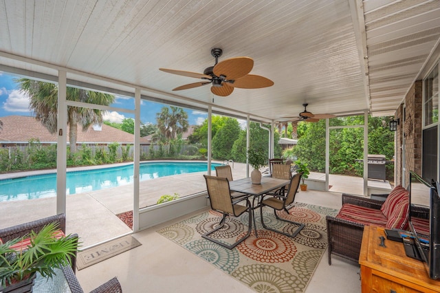 view of swimming pool with a fenced in pool, ceiling fan, a patio area, and a grill