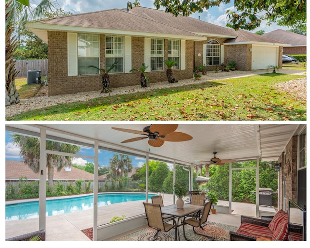view of swimming pool featuring area for grilling, a ceiling fan, central AC unit, fence, and a patio