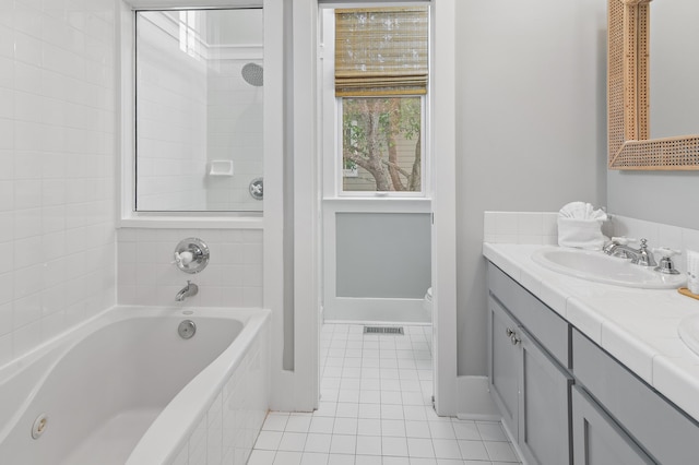 97 Sarasota St, Miramar Beach, FL 32550 - bathroom featuring tile patterned flooring, visible vents, vanity, walk in shower, and a tub