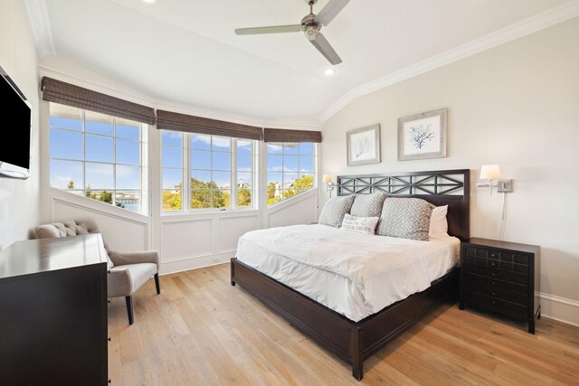 68 Creek Bridge Way, Watersound, FL 32461 - bedroom featuring crown molding, ceiling fan, lofted ceiling, and light wood-type flooring