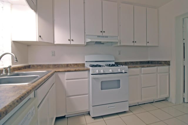 kitchen featuring white cabinetry, white appliances, a sink, and under cabinet range hood