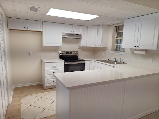 kitchen featuring a paneled ceiling, a sink, a peninsula, electric stove, and under cabinet range hood