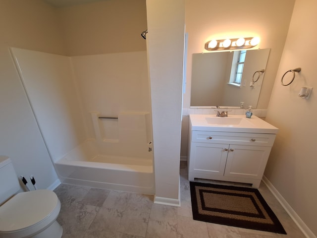 full bathroom featuring toilet, baseboards, washtub / shower combination, and vanity
