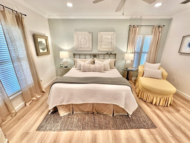 bedroom with light wood-style floors, baseboards, crown molding, a ceiling fan, and recessed lighting