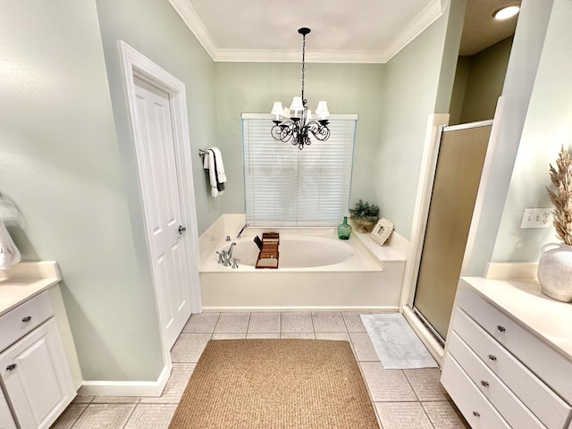 full bath with vanity, a chandelier, a stall shower, tile patterned flooring, and a bath