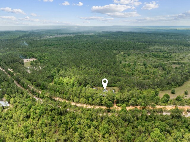 aerial view featuring a wooded view