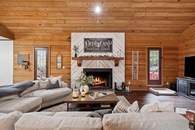 living room with a fireplace, vaulted ceiling, a wealth of natural light, and wood finished floors