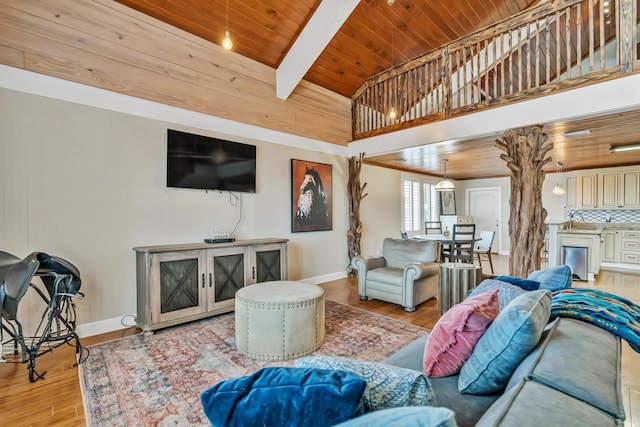 126 Tall Oaks Rd, Defuniak Springs, FL 32435 - living area with baseboards, wooden ceiling, beam ceiling, and light wood-type flooring