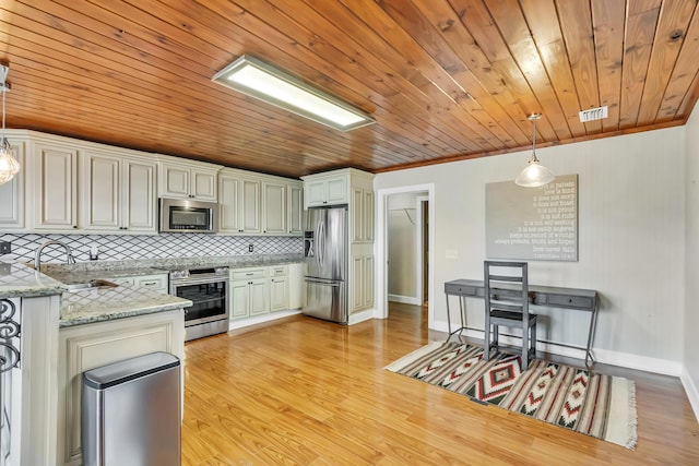 126 Tall Oaks Rd, Defuniak Springs, FL 32435 - kitchen featuring visible vents, decorative backsplash, light stone countertops, wood ceiling, and stainless steel appliances